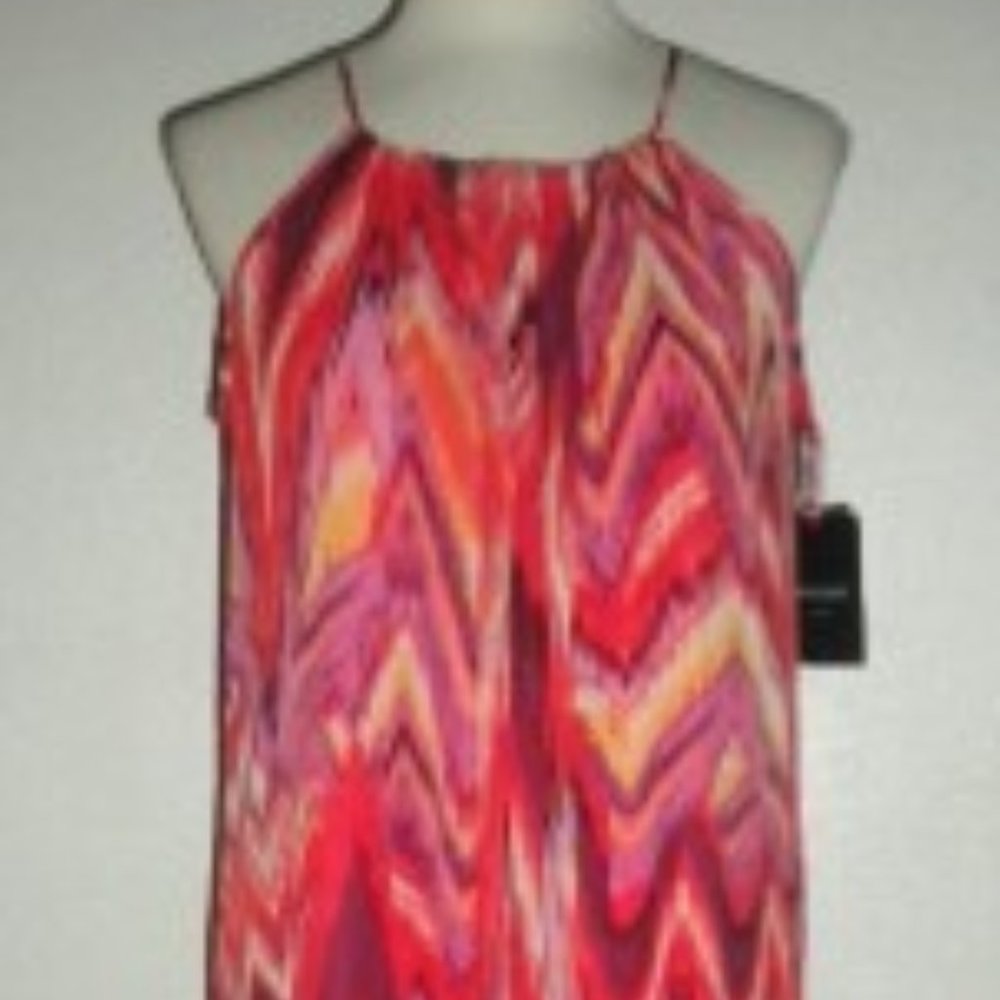 CYNTHIA ROWLEY NEW YORK SIZE 4 BRIGHT GEOMETRIC PRINT- HALTER- HI LOW HEM DRESS